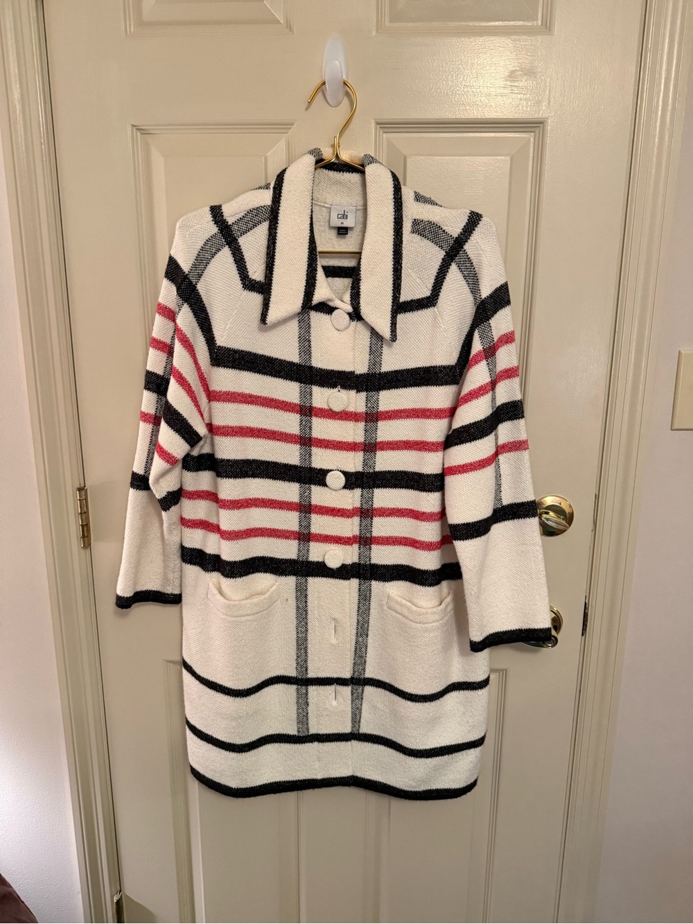 CAbi Button-Front Cream Plaid Sweater Coat Red & Black Stripes - Size Medium